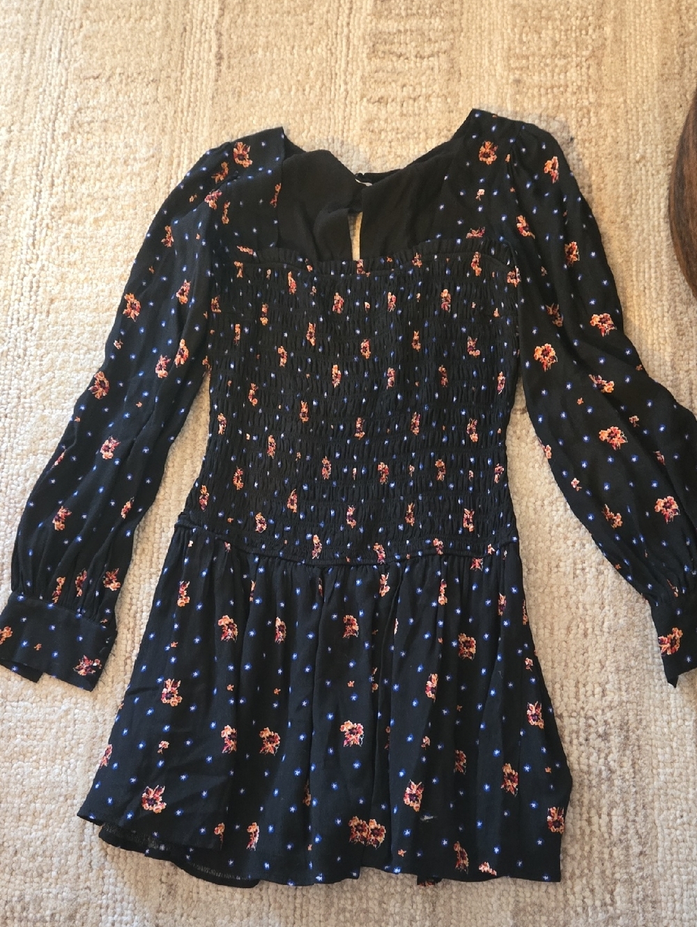 Free People Black Mini Dress with Orange Floral and Blue Dots